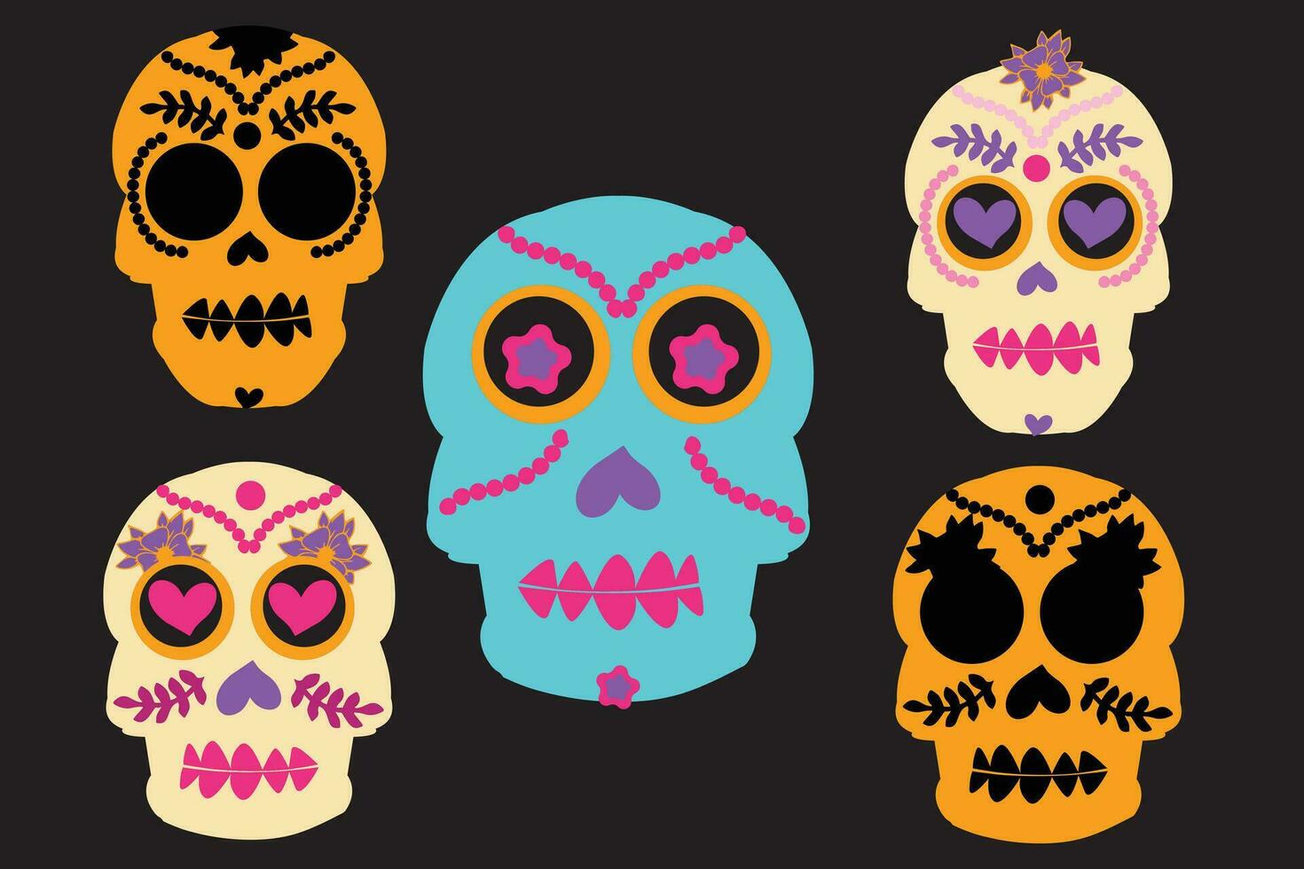 Day of the Dead skulls pattern. Dia de los muertos print. Day of the dead and mexican Halloween texture. Mexican tradition festival. Day of the dead sugar skull isolated. Dia de los Muertos tattoo vector