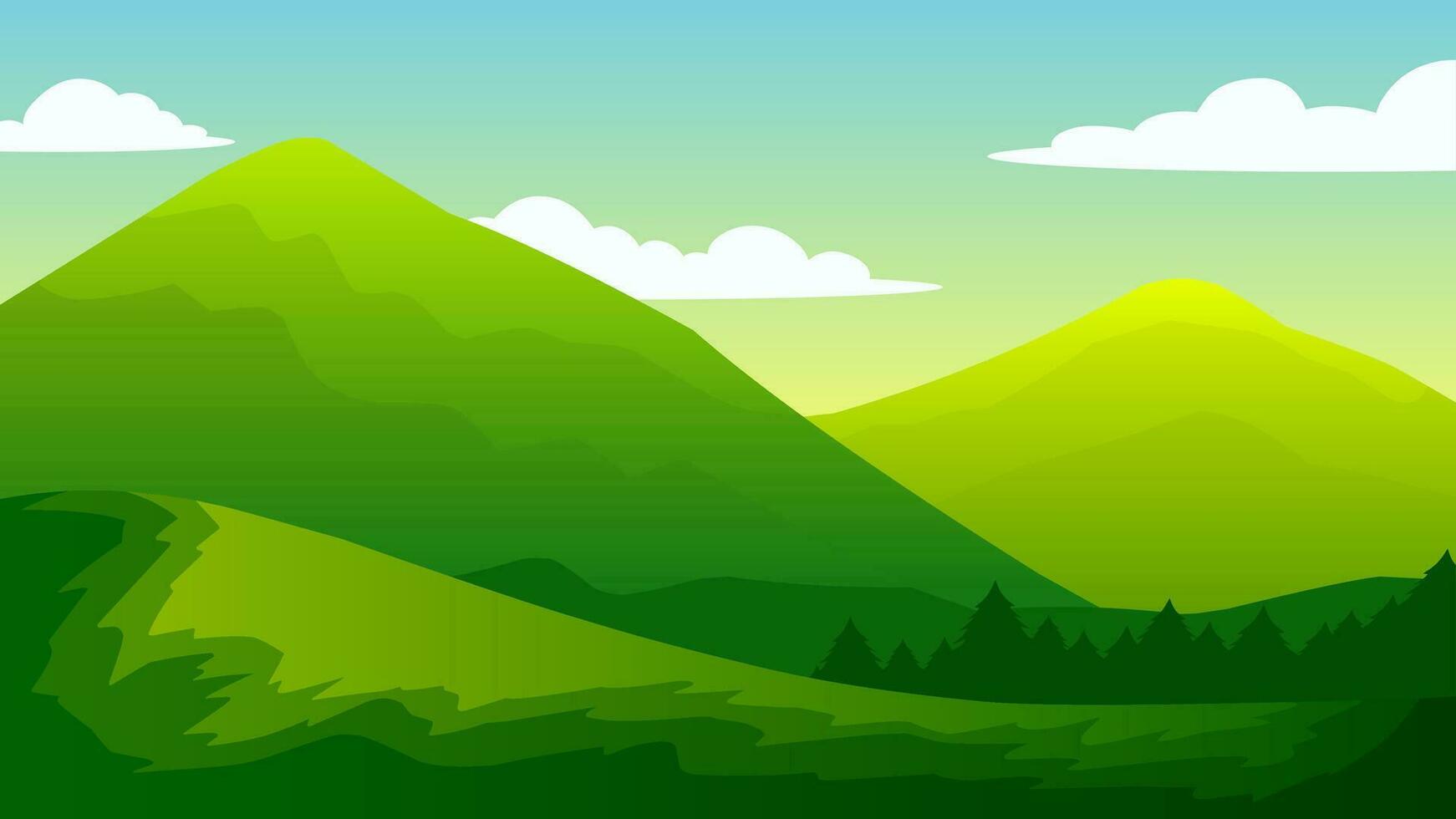 Meadow on green mountain vector illustration. Green hills landscape for background, wallpaper, or landing page. Landscape nature illustration with color gradient style