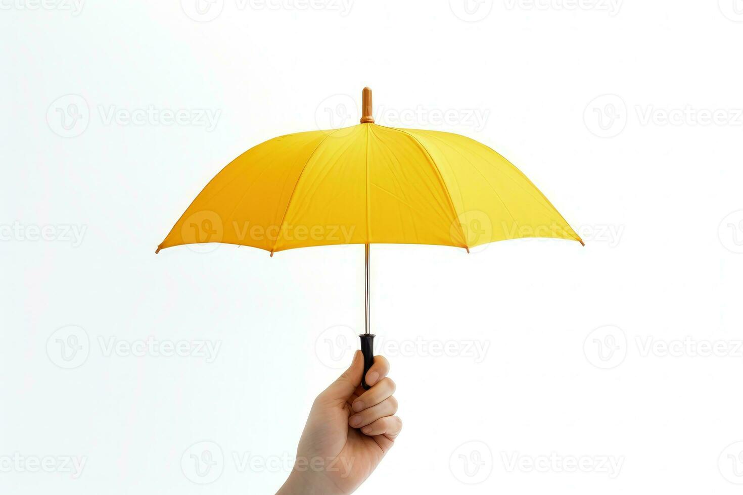 Hand holding umbrella on white background. Generative AI photo