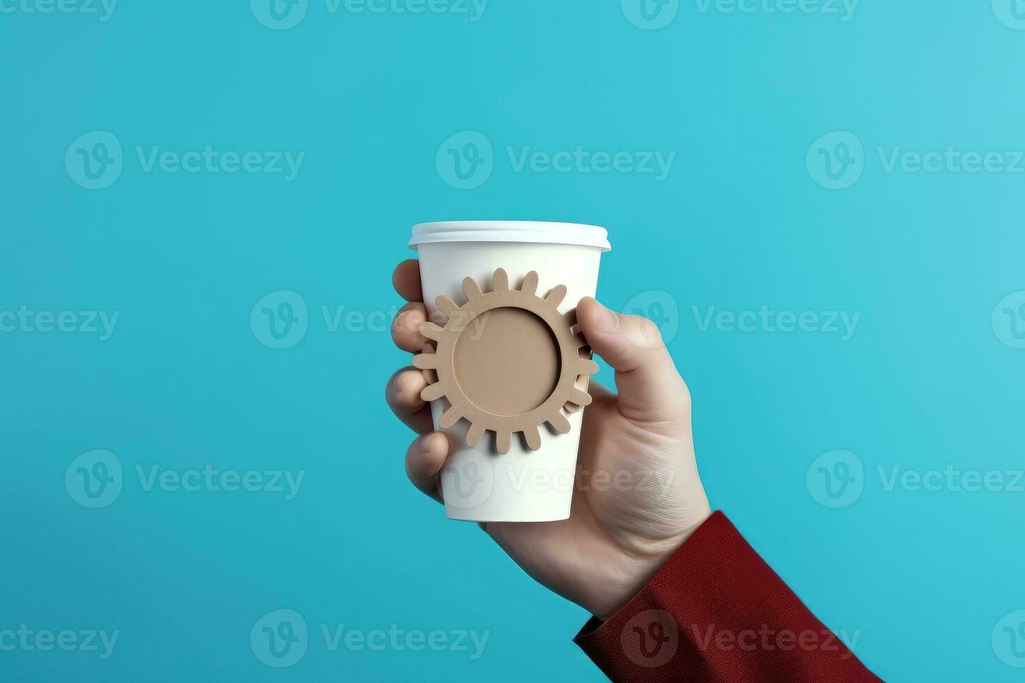 Hand holding coffee cup with gears, blue background, digital illustration. Generative AI photo