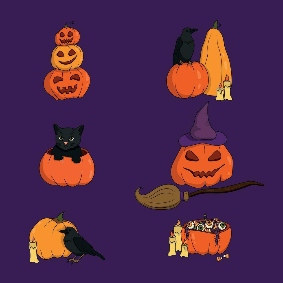 Halloween clipart set with pumpkins, crows, kitten vector