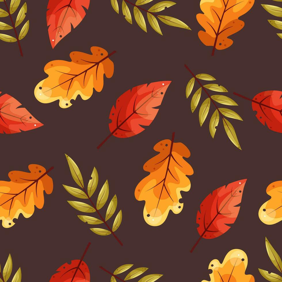 sin costura modelo con otoño roble, serbal, abedul hojas en naranja, rojo y verde colores. ideal para fondo de pantalla, regalo papel, modelo llena, web página fondo, otoño saludo tarjetas vector