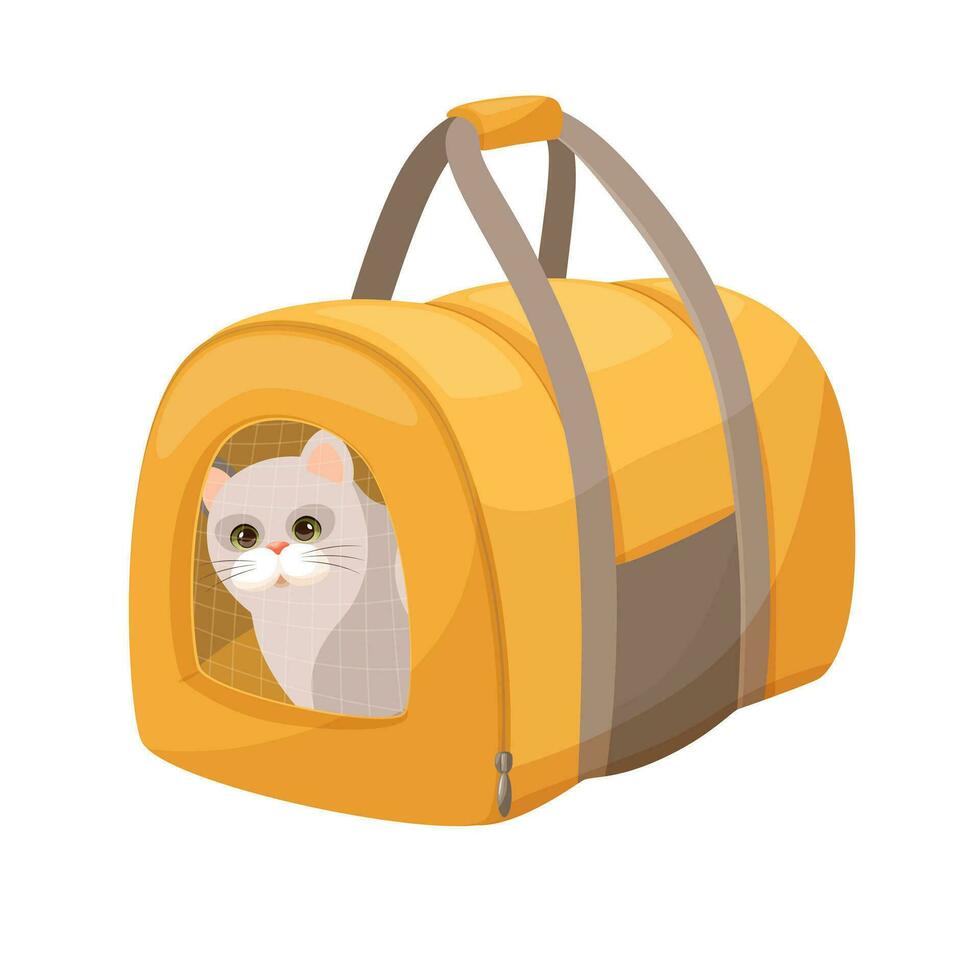 Cat in a carrier. Soft bag for traveling with pets or visiting the vet. Gray cat in a transport box or cattery. Flat style vector