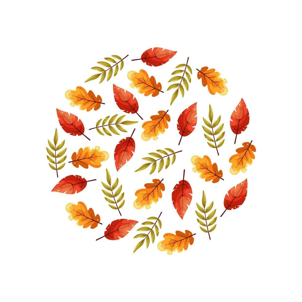 Wreath of autumn leaves. Background with hand drawn autumn leaves. Fall of the leaves. Sketch, design elements. Vector illustration. Design element for poster, web, flyers, invitation, postcard