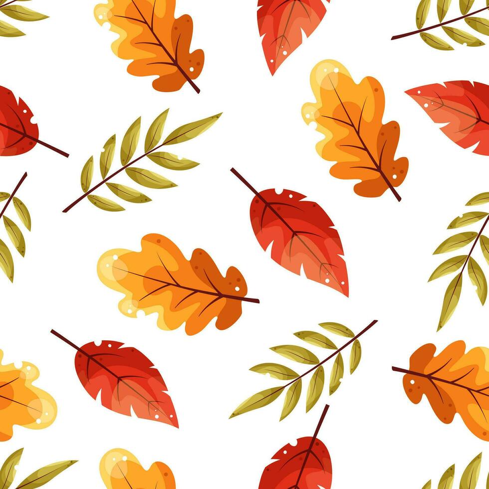 Seamless pattern with autumn oak, rowan, birch leaves in orange, red and green colors. Ideal for wallpaper, gift paper, pattern fills, web page background, fall greeting cards. vector
