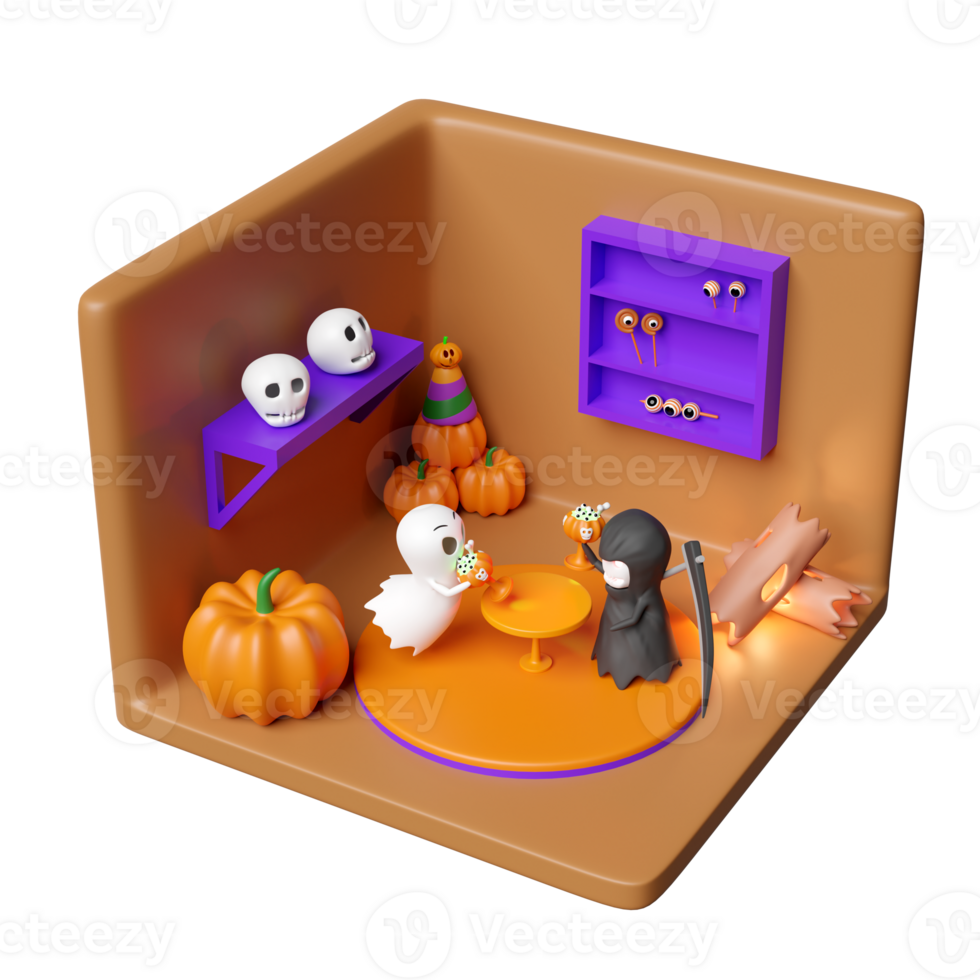 3d isometric room for halloween holiday party with cute ghost, grim reaper hand holding scythe, magic cup pumpkin, skeleton, skull, eye isolated. 3d render illustration png