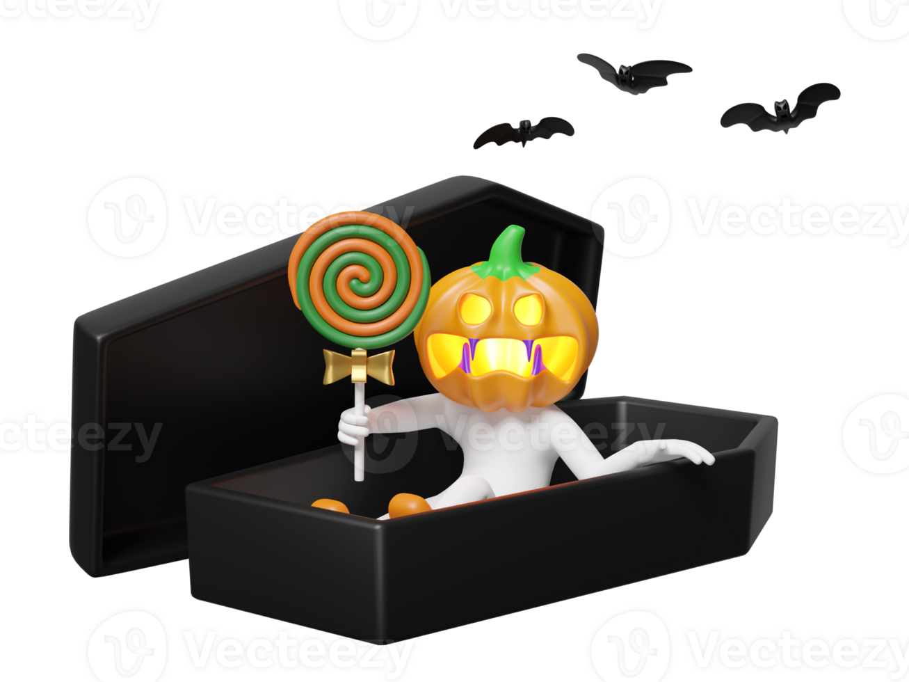 3d halloween holiday party with pumpkin head man hand holding sweet lollipop in coffin, bats isolated. 3d render illustration png