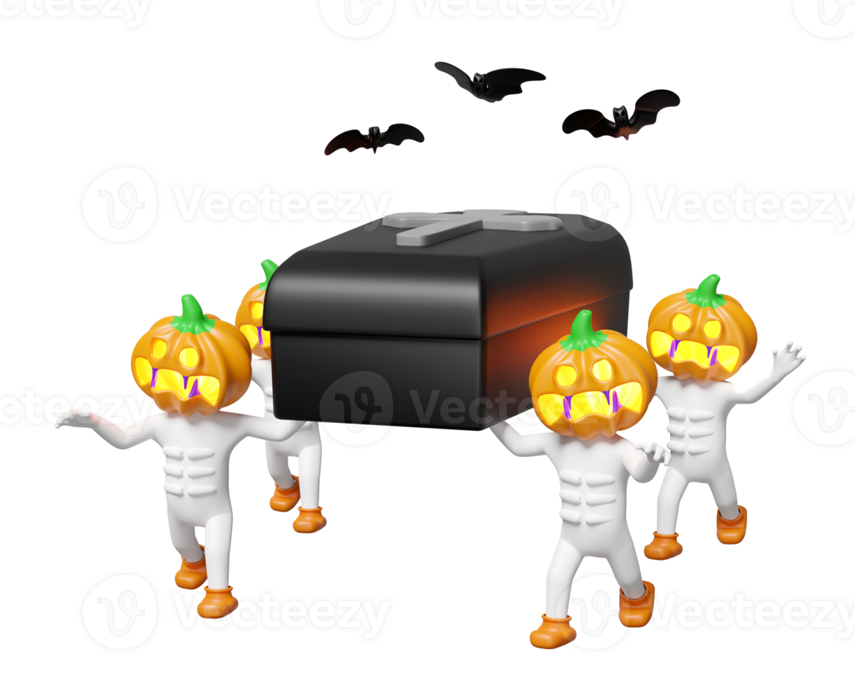 3d halloween holiday party with pumpkin head man coffin bearer, bats isolated. 3d render illustration png