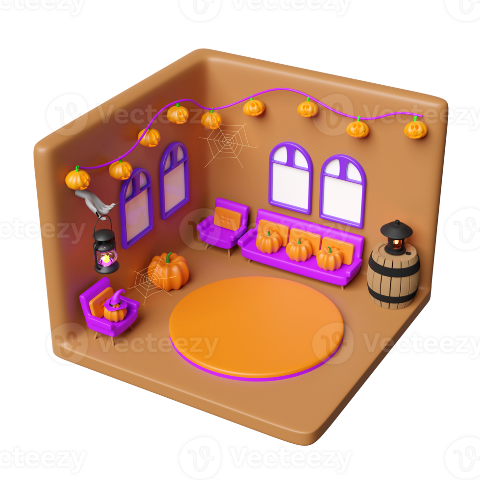3d isometric room for halloween holiday party with cylinder stage podium empty, pumpkin head, party banner, skull, sofa, wooden barrel, hat isolated. 3d render illustration png