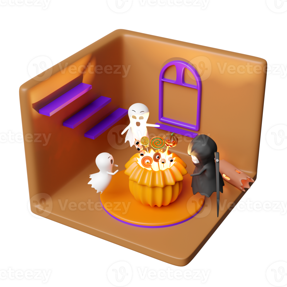 3d isometrische kamer voor halloween vakantie partij met schattig geest, grimmig maaimachine hand- Holding zeis, pompoen hoofd tussendoortje mand geïsoleerd. 3d geven illustratie png