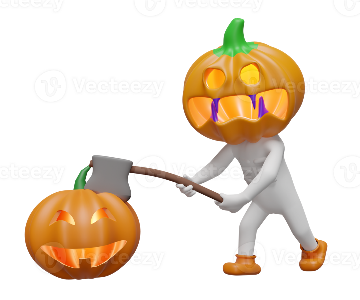 3d halloween holiday party with pumpkin head man holds an ax and chops down pumpkin heads isolated. 3d render illustration png