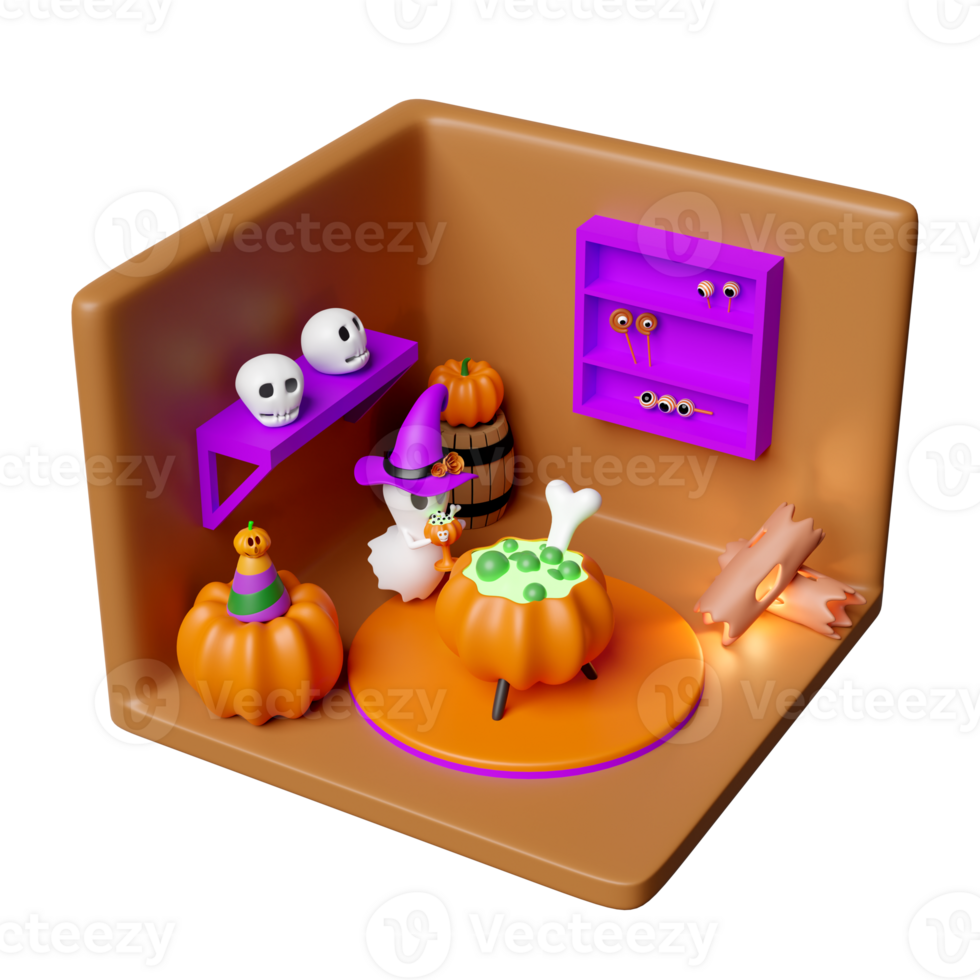 3d isometric room for halloween holiday party with cute ghost hand holding magic cup, cauldron, skeleton, skull, eye isolated. 3d render illustration png