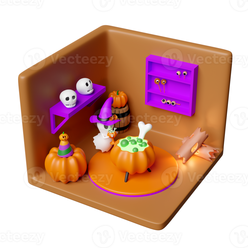 3d isométrique pièce pour Halloween vacances fête avec mignonne fantôme main en portant la magie tasse, chaudron, squelette, crâne, œil isolé. 3d rendre illustration png