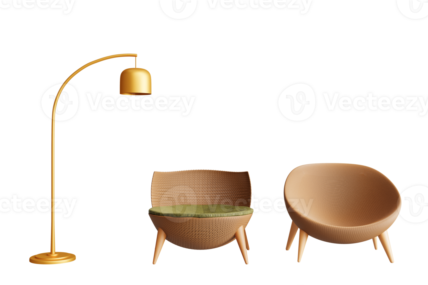 Modern style brown rattan furniture set Rattan chair for sitting in the garden Lawn or balcony Elegant design of golden sofa and lamp for outside or indoors. Illustration rendering. 3D-clipping path png