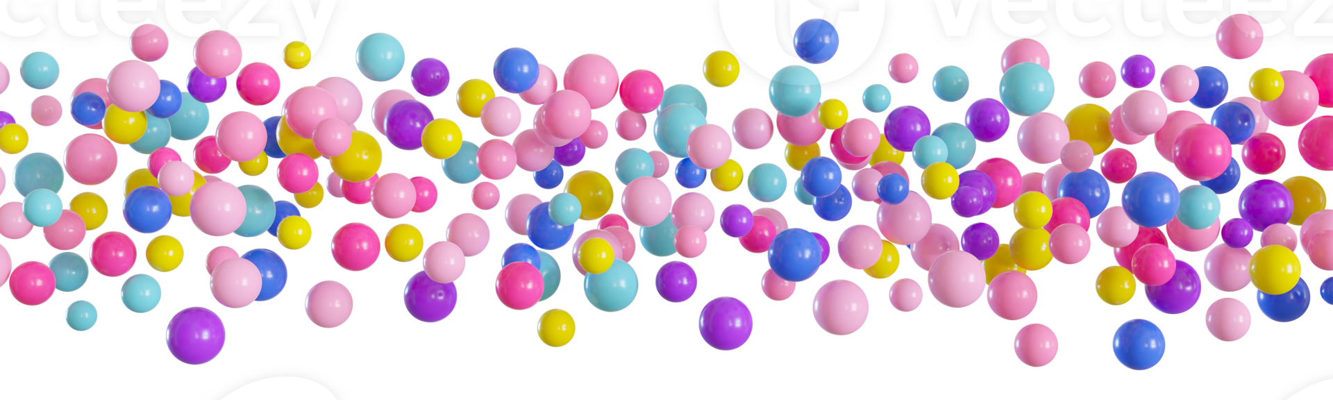 Colorful balloons line on transparent background. Multicolor, vibrant foreground. Border, row. Cut out graphic design elements. Happy birthday, party decoration. Helium balloon group. 3D render. png