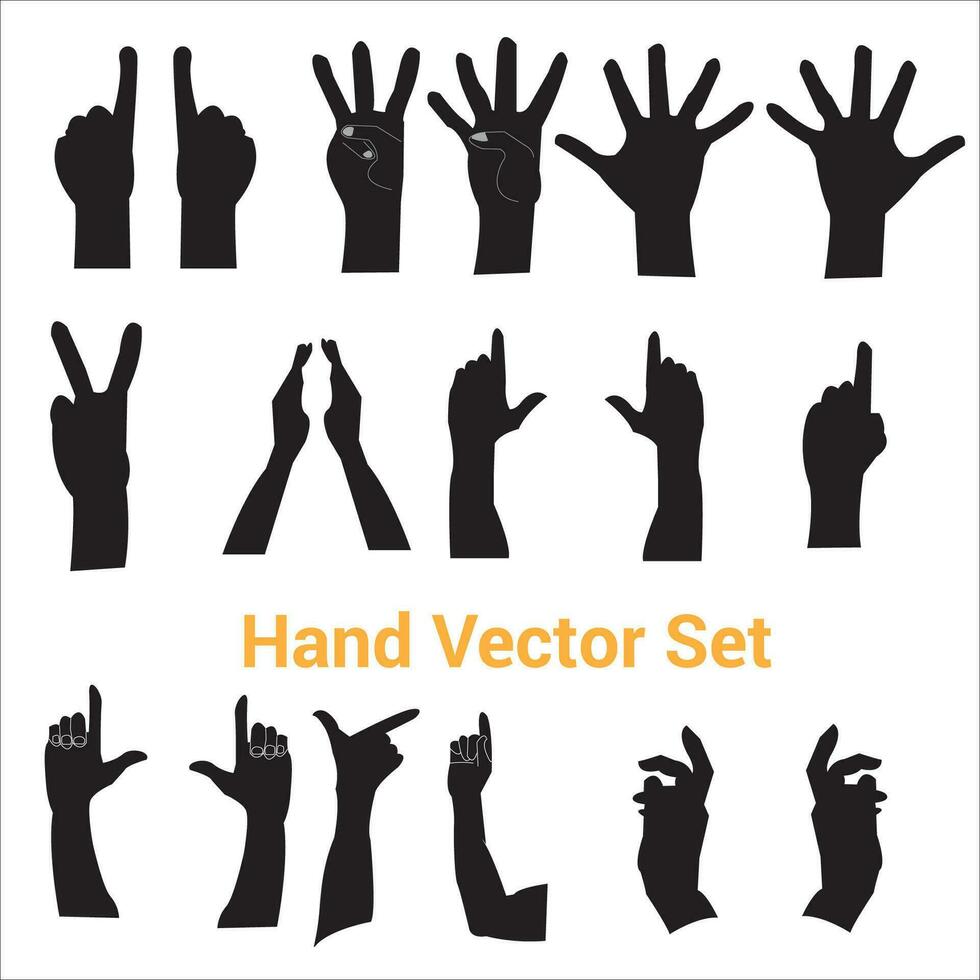 Hands poses. Female and male hand holding and pointing gestures, fingers crossed, fist, peace and thumb up. Cartoon human palms and wrist vector set. Communication or with black emoji for messengers