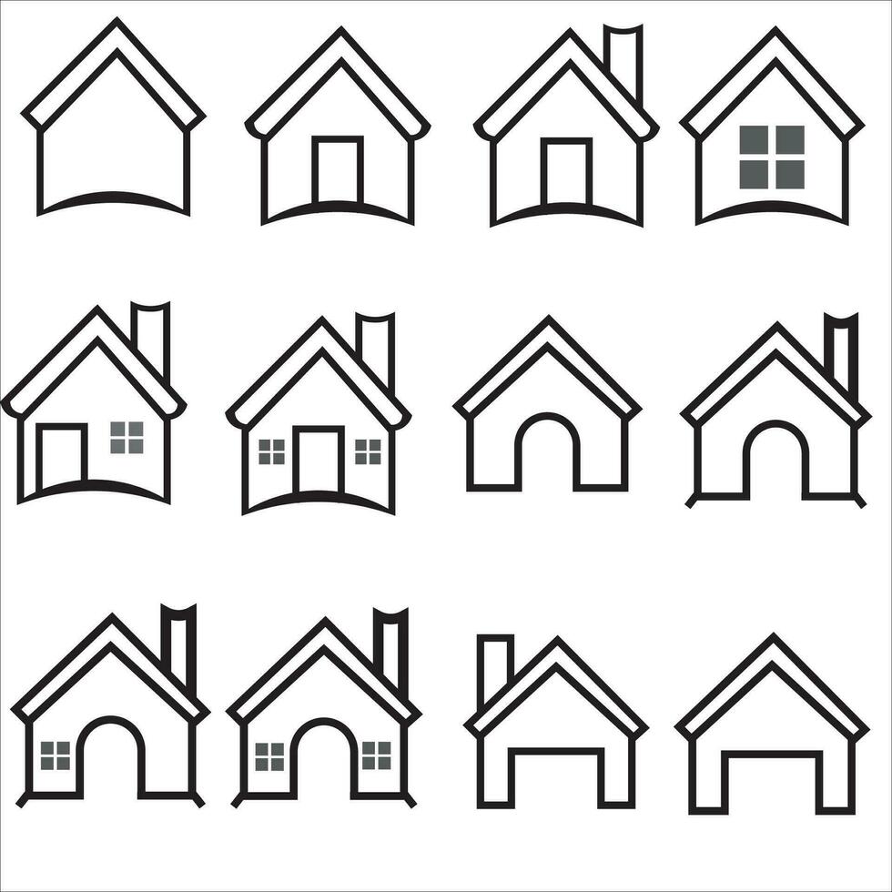 casa y edificio icono colocar. para real bienes. plano estilo casas símbolos para aplicaciones y sitios web en blanco antecedentes vector