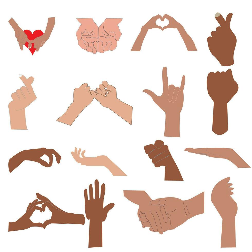 Hands poses. Female and male hand holding and pointing gestures, fingers crossed, fist, peace and thumb up. Cartoon human palms and wrist vector set. Communication or talking with emoji for messengers