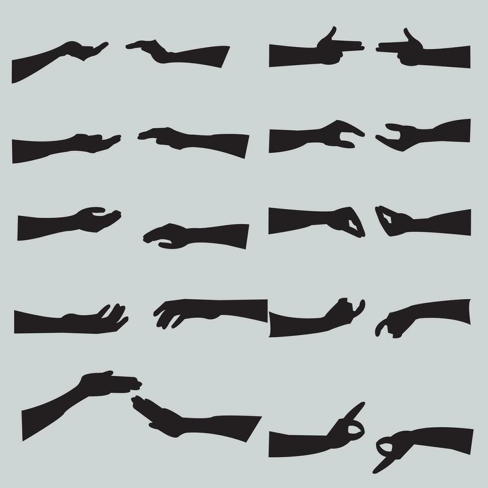 Hands poses. Female and male hand holding and pointing gestures, fingers crossed, fist, peace and thumb up. Cartoon human palms and wrist vector set. Communication or with black emoji for messengers