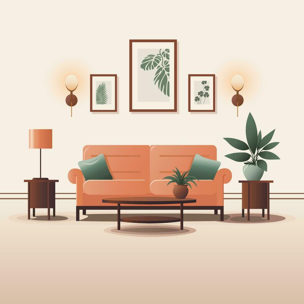 Cute living room interior in flat style. All Objects Are Repainted. vector