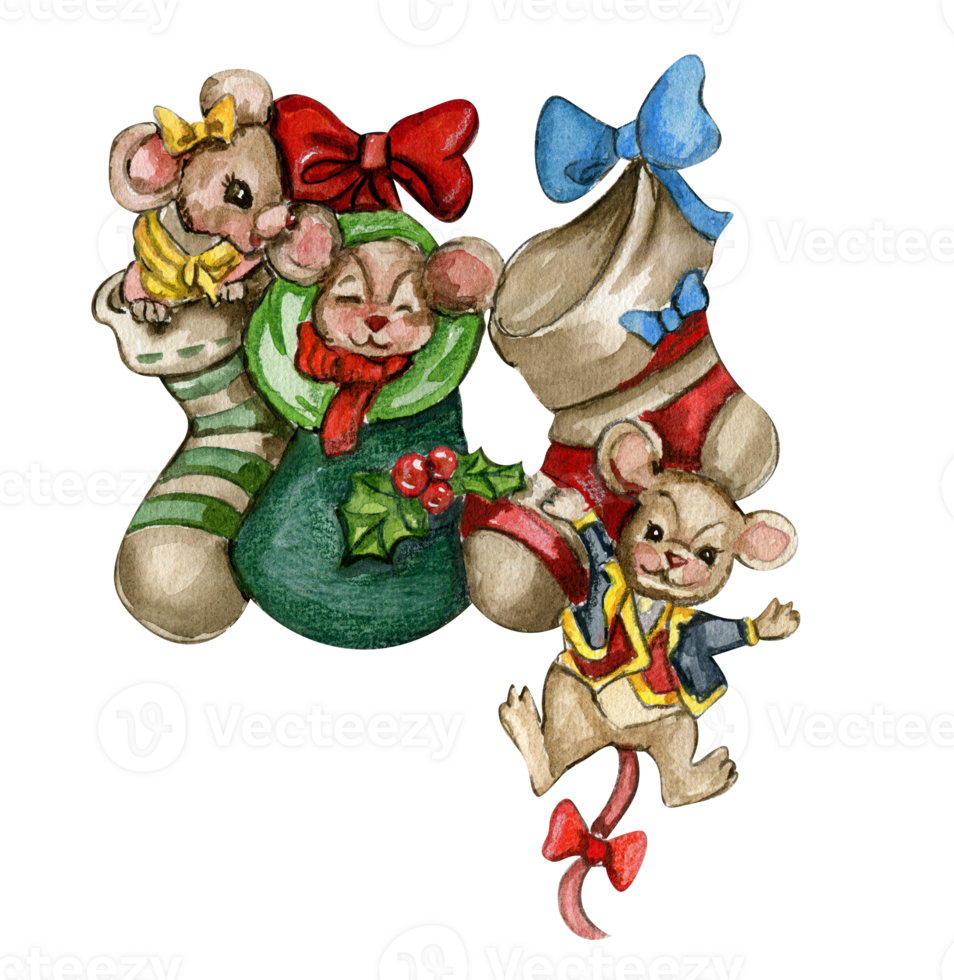 Watercolor Christmas mice in cartoon style. png
