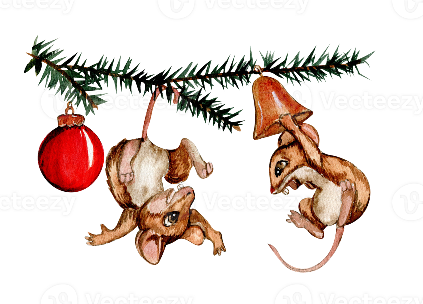Watercolor Christmas mice in cartoon style. png