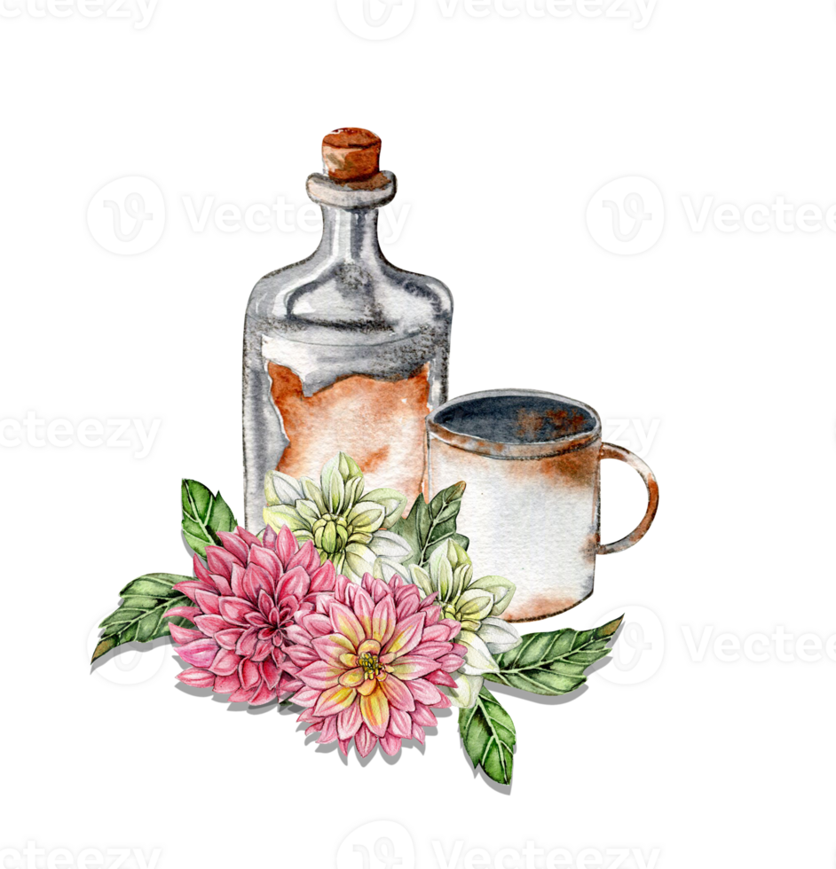 Watercolor rusty old elements and dahlia composition. png