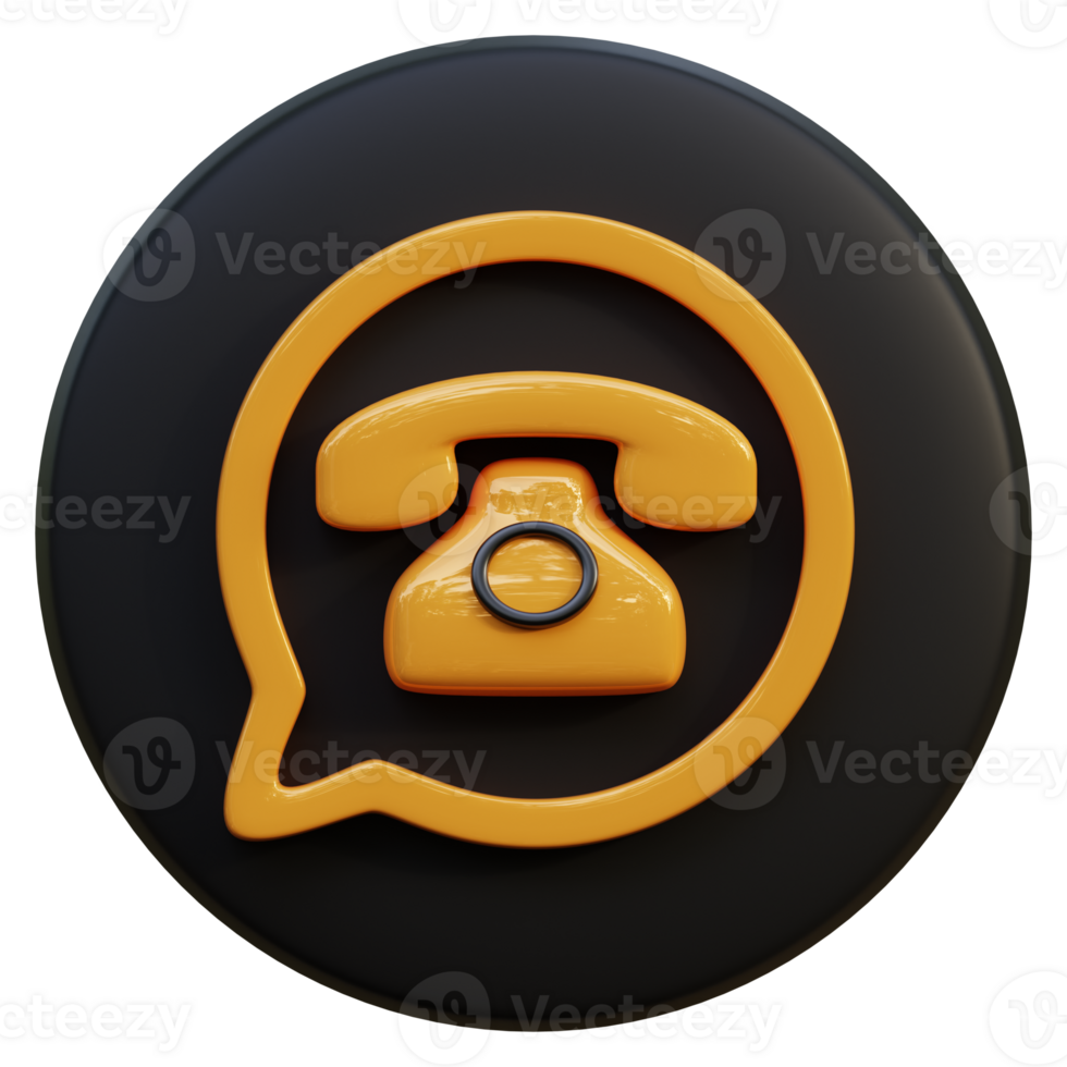 Yellow telephone and bubble icon on black circle 3d rendering. png