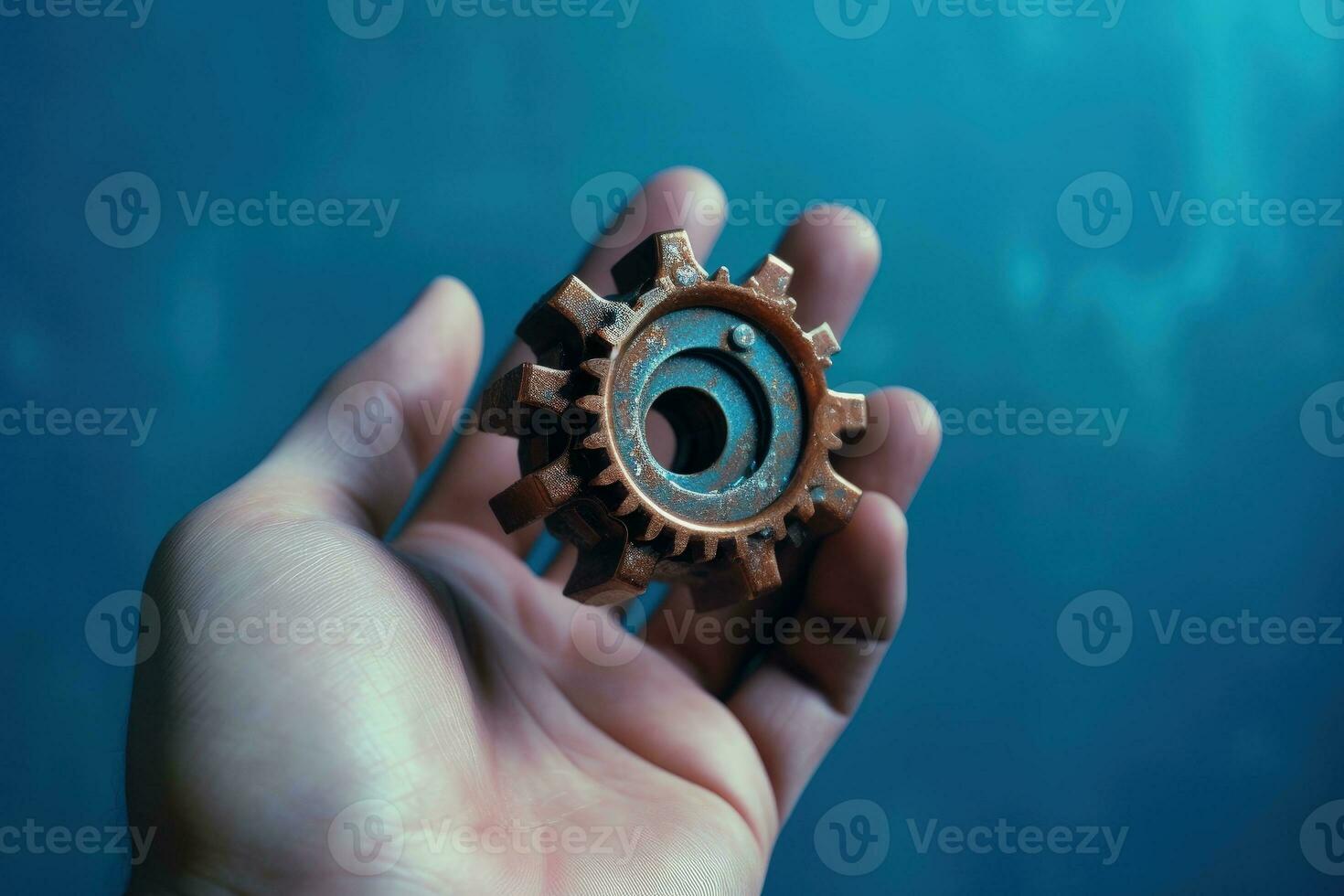 Hand with gear, ingenuity concept, background. Generative AI photo