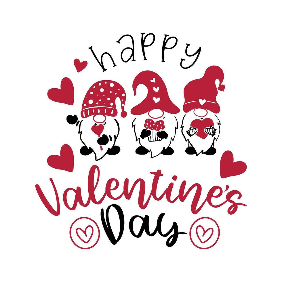 Cute Love Gnomes Cartoon Characters With Text Happy Valentine's Day. Vector Hand Drawn Illustration Isolated On Transparent Background