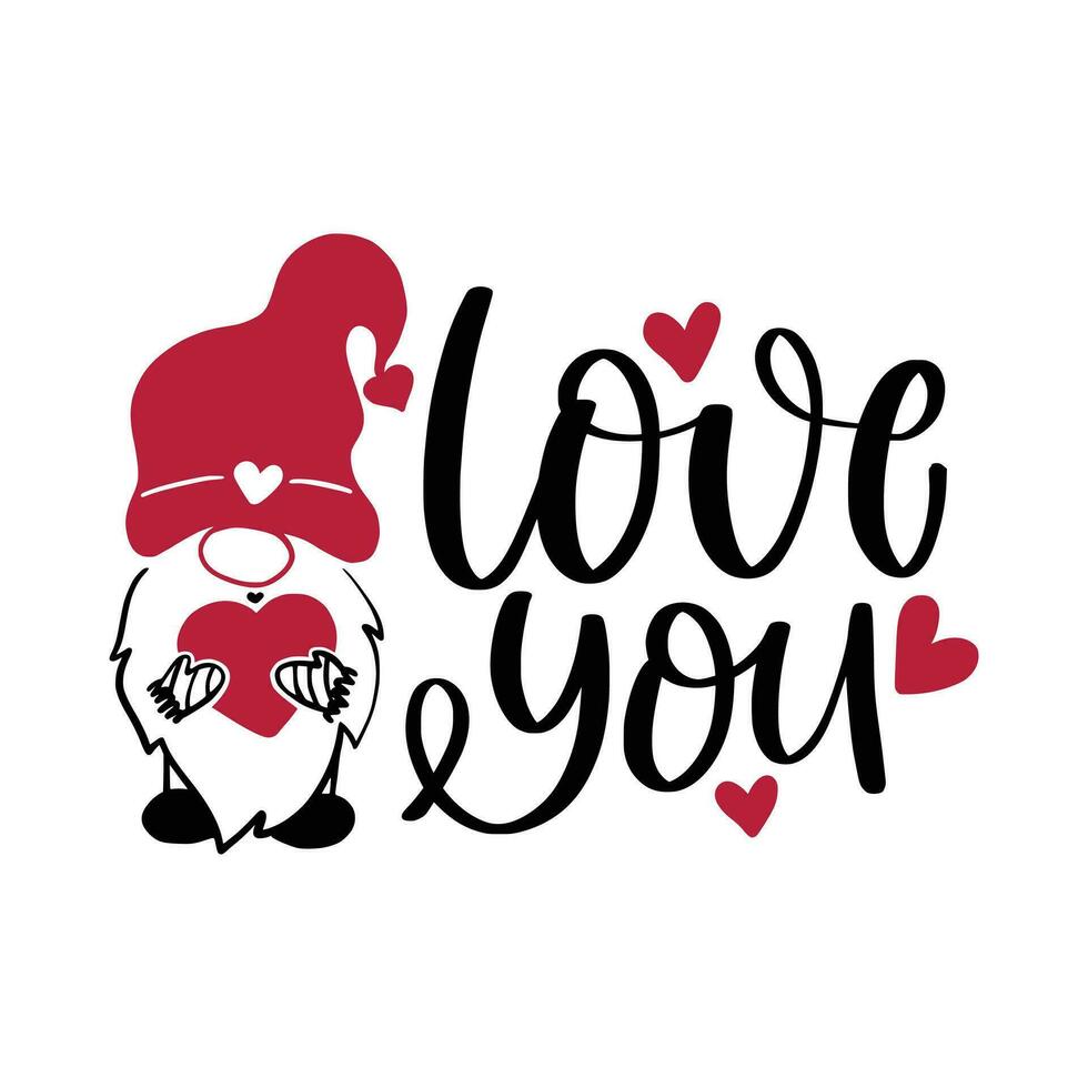 Cute Love Gnomes Cartoon Characters With Text Happy Valentine's Day. Vector Hand Drawn Illustration Isolated On Transparent Background