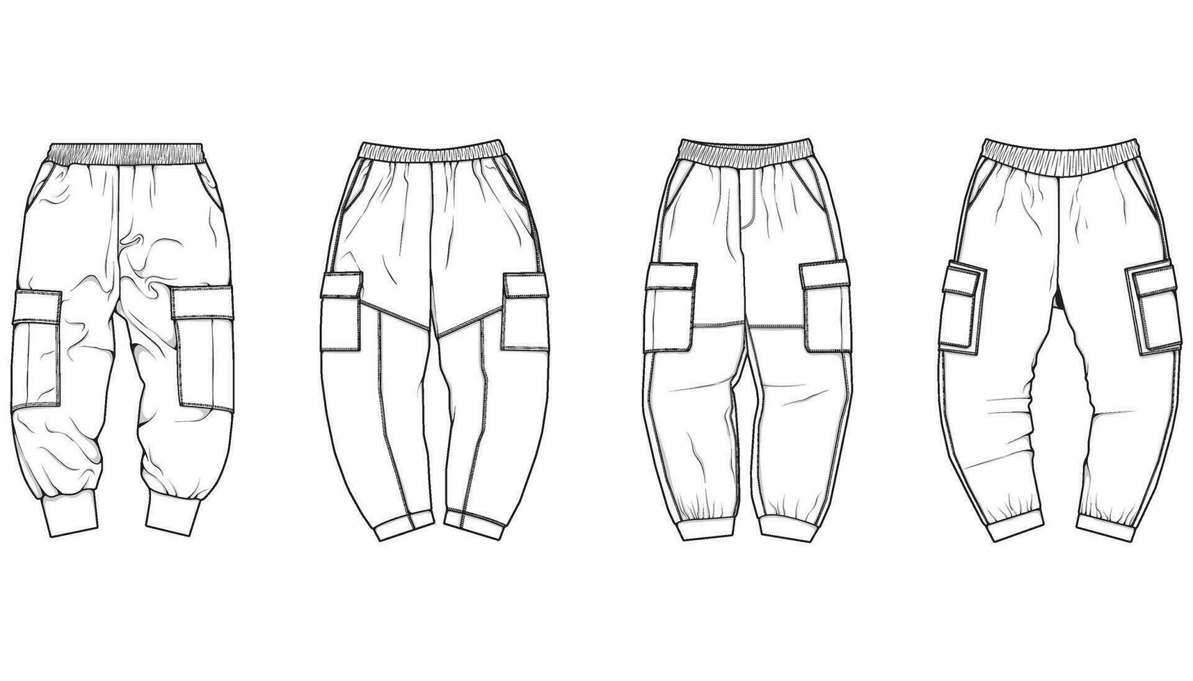 Cargo Pants fashion hand drawing technical template. Cargo pocket