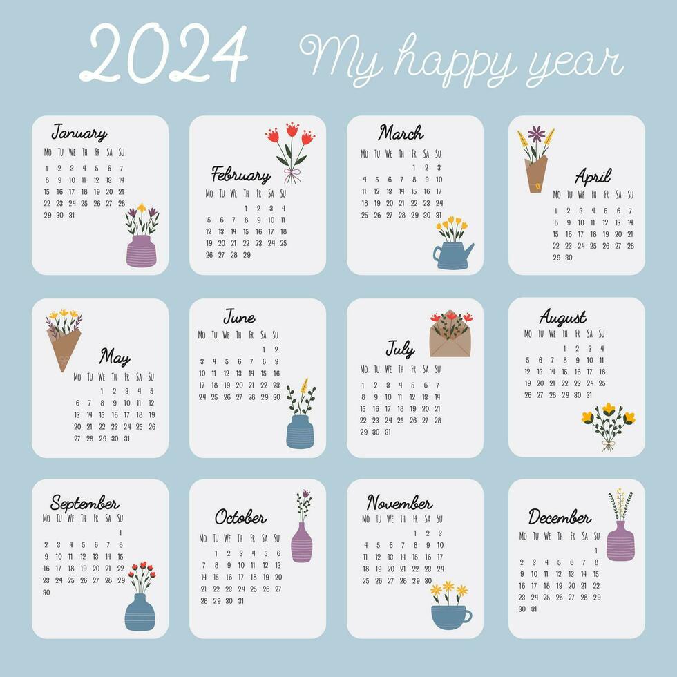 Printable hand drawn calendar 2024. Calendar grid, Monday first