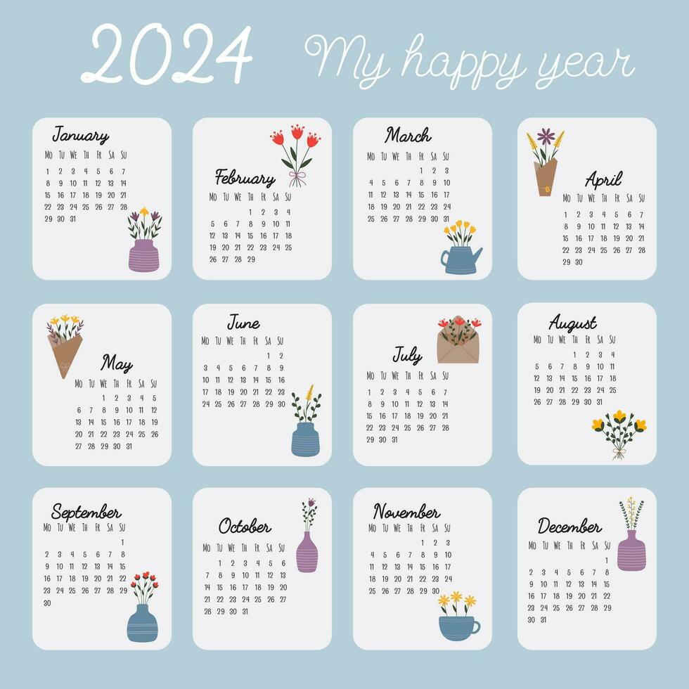 imprimible mano dibujado calendario 2024. calendario red, lunes primero. vertical acuerdo, calendario modelo de 12 meses, cubrir diseño estilo vector ilustración con mano dibujado flores en de moda estilo.