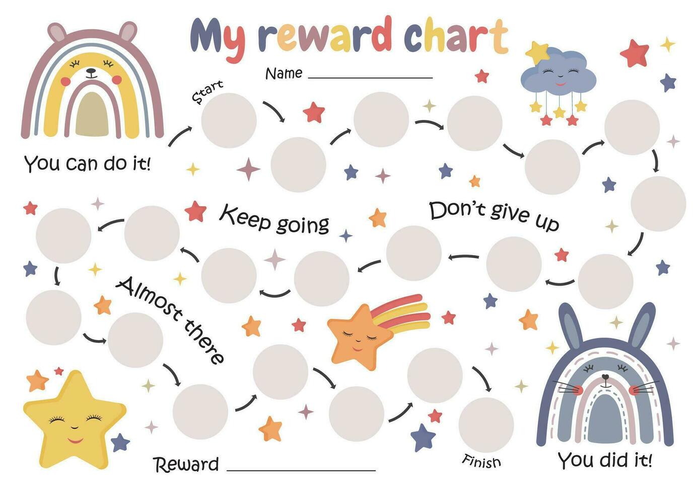 Printable rainbow reward chart. Reward chart for girls. Sticker behavior chart, chore chart for kids. Toddler routine chart. Potty training. vector