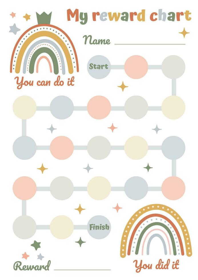 Rainbow reward chart, sticker behavior chart, chore chart for kids, toddler routine, kids routine chart. Stay in bed chart. Potty training. vector