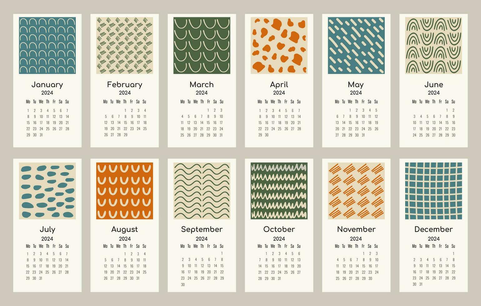 imprimible modelo calendario resumen 2024. vector gráfico. lunes estándar. vertical acuerdo, conjunto de 12 meses, cubrir mano dibujado moderno modelo estilo vector ilustración con mano dibujado textura.