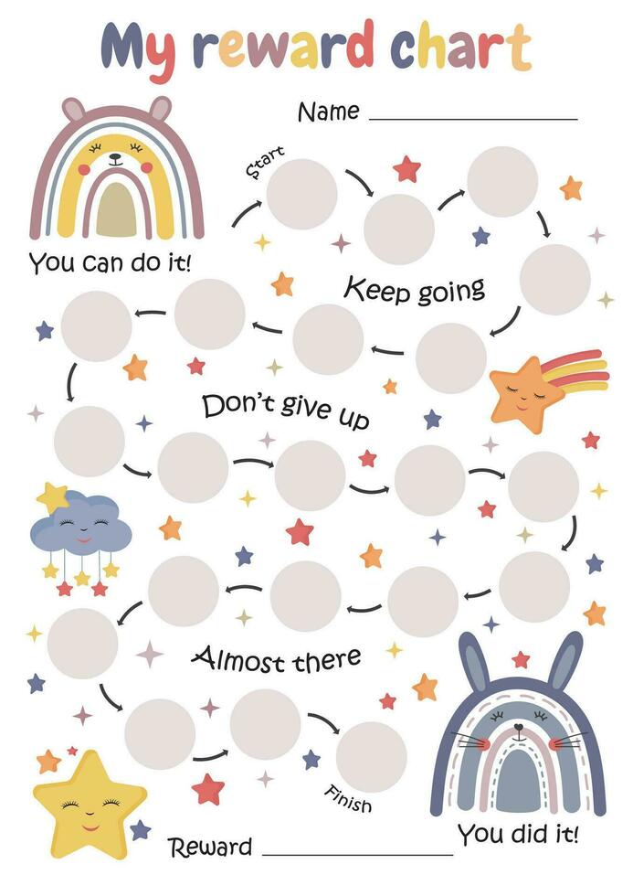 Printable rainbows reward chart, toddler potty chart, kids behavior chart. Sticker chart for children. Reward system. Toddler development and activities. vector