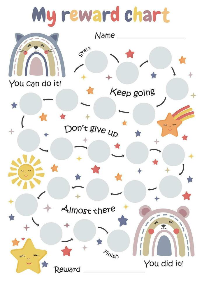 Rainbow reward chart, sticker behavior chart, chore chart for kids, toddler routine, kids routine chart. Stay in bed chart. Potty training. vector