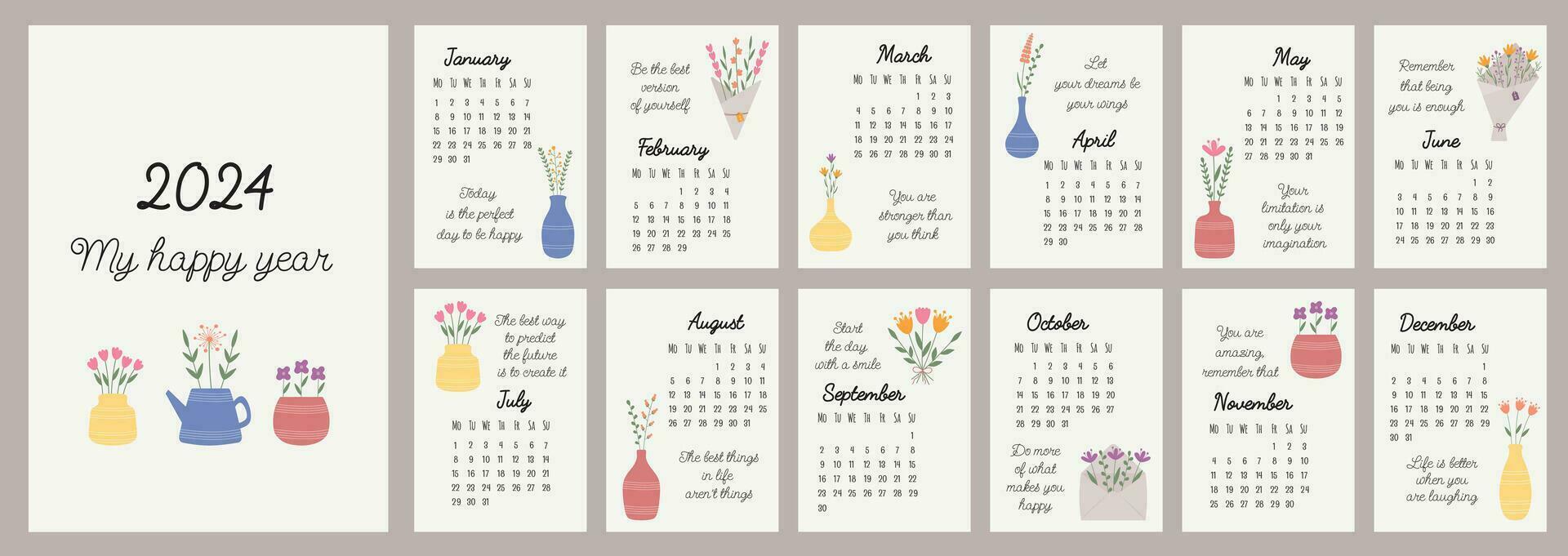 Calendar 2024 template. Monthly calendar 2024 with hand drawn flowers, motivation quotes for every day. Starts on Monday. A modern calendar for office, organizer, working place, gift. Design Template. vector