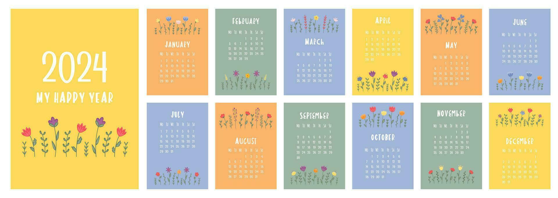 Calendar 2024 template. Monthly calendar 2024 with cute flowers in trendy colors, cartoon style. Starts on Monday. A modern calendar for the office, organizer or for a gift. vector