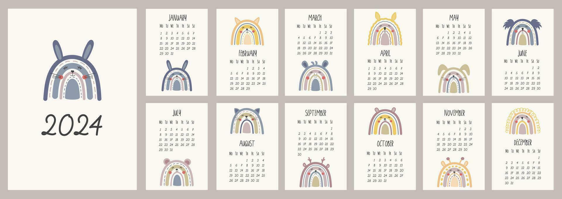 calendario 2024 modelo. mensual calendario 2024 con boho linda animales arcoiris conejito, zorro, león, gato, jirafa. de moda colores, dibujos animados estilo. empieza en lunes. un moderno calendario para niños. vector