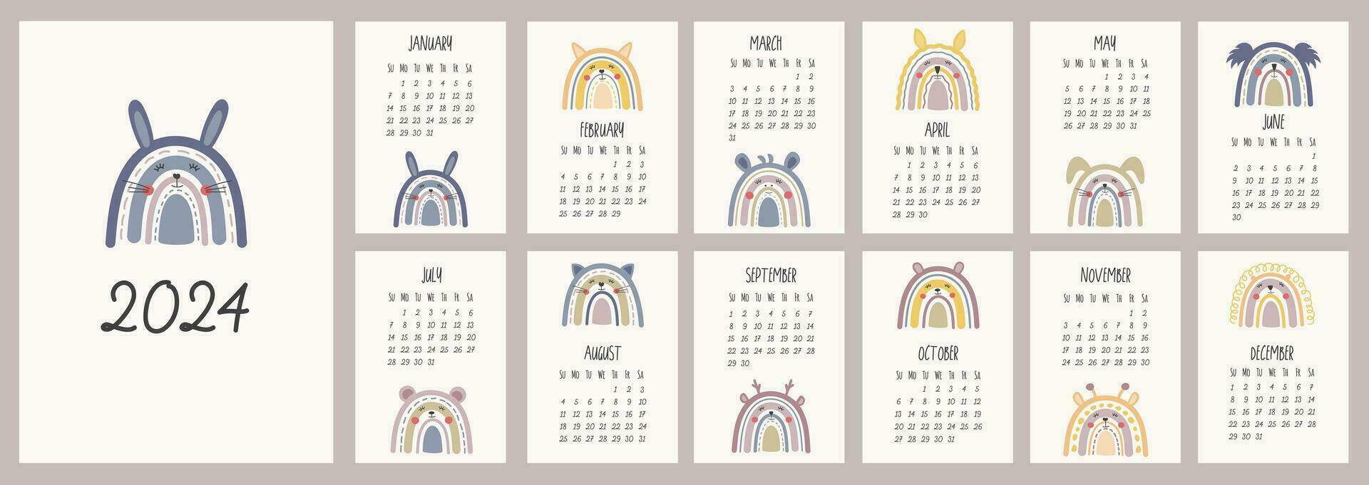 calendario 2024 modelo. mensual calendario 2024 con boho linda animales arcoiris conejito, zorro, león, gato, jirafa. de moda colores, dibujos animados estilo. empieza en domingo. un moderno calendario para niños. vector