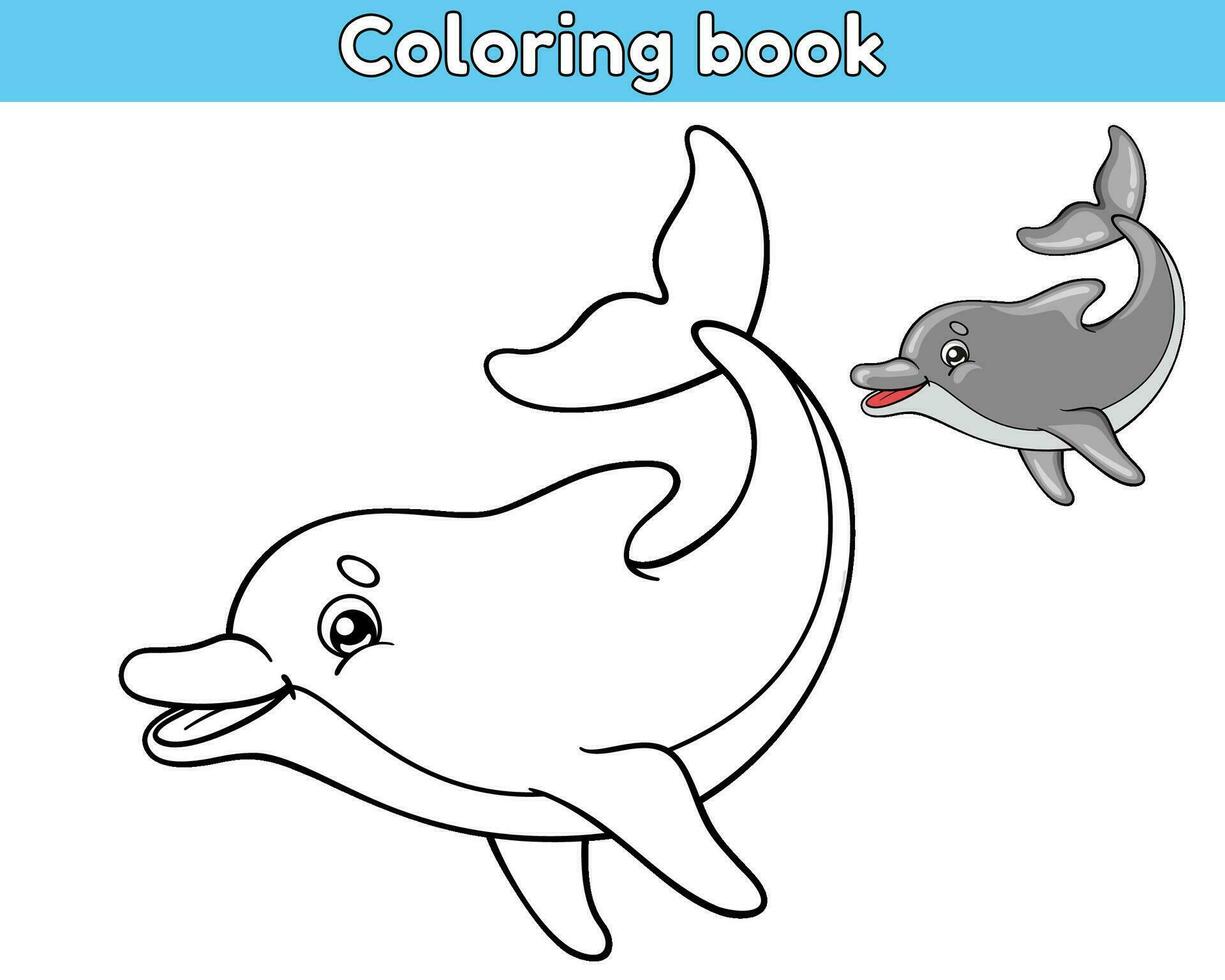 Page of the kids coloring book. Color cartoon cute sea dolphin. Worksheet for children with contour ocean animal. Vector outline illustration. Isolated on a white background.