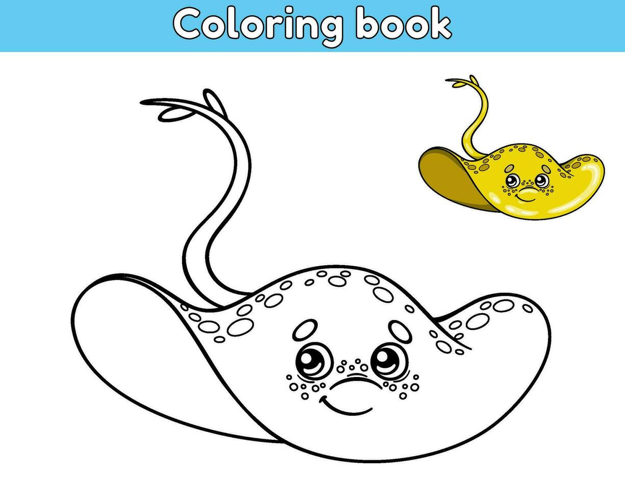 Page of the kids coloring book. Color cartoon yellow stingray. Worksheet for children with contour sea animal. Vector outline illustration ocean creature. Isolated on a white background.