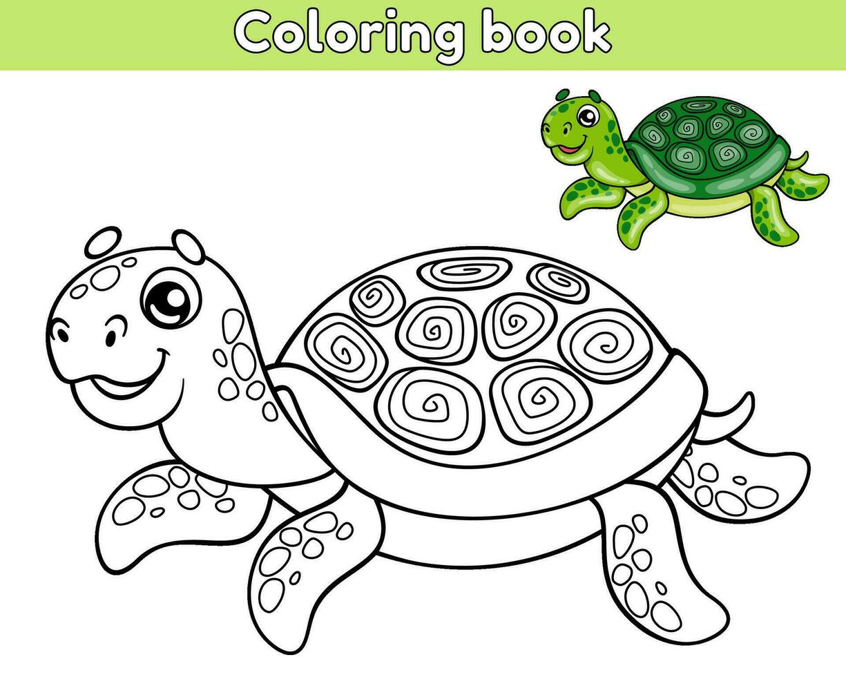 Page of the kids coloring book. Color cartoon turtle. Worksheet for children with contour sea animal. Vector outline illustration ocean creature. Isolated on a white background.