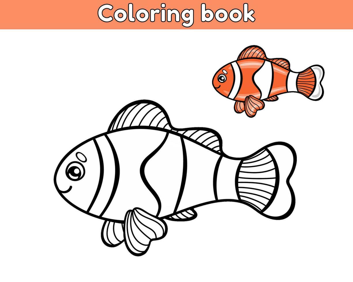 Page of the kids coloring book. Color cartoon cute orange sea fish. Worksheet for children with contour ocean animal. Vector outline illustration of clown fish. Isolated on a white background.