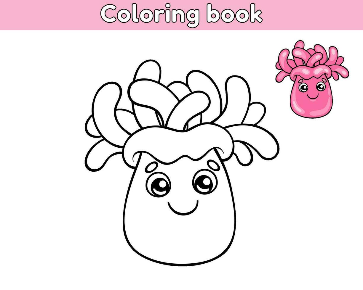 Page of the kids coloring book. Color cartoon actinia. Worksheet for children with contour ocean animal. Vector outline illustration of sea anemone. Isolated on a white background.