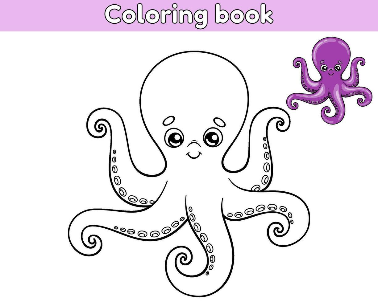 Page of the kids coloring book. Color cartoon octopus. Worksheet for children with contour sea animal. Vector outline illustration ocean creature. Isolated on a white background.