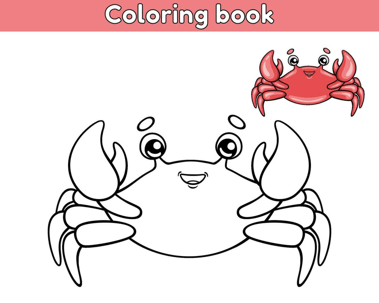 Page of the kids coloring book. Color cartoon cute sea crab. Worksheet for children with contour ocean animal. Vector outline illustration. Isolated on a white background.